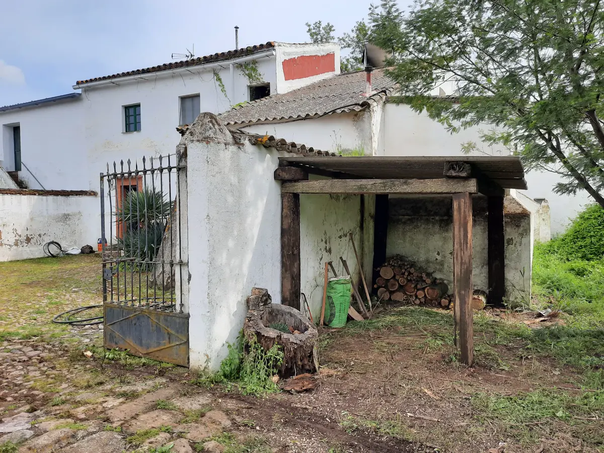 Entrada de piedra del cortijo con leña apilada.
